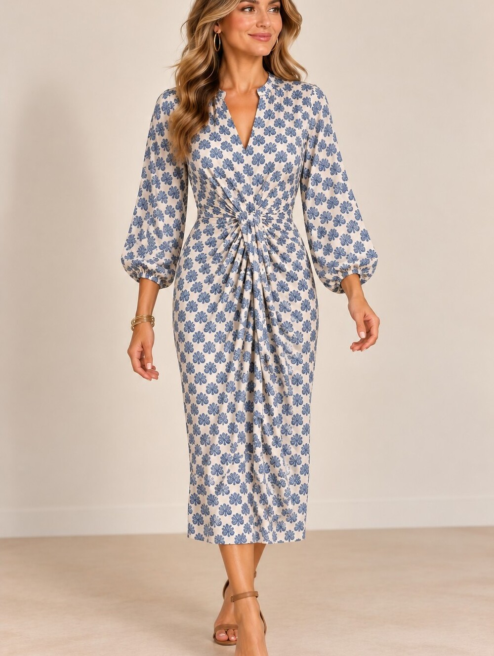 Printed Blue and White Midi  Dress